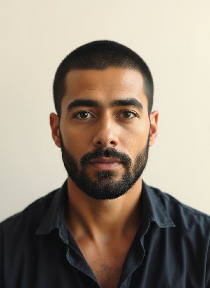 After: buzz cut with beard rendered on the same face by Lineup
